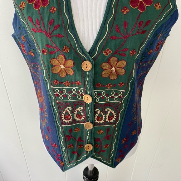 VTG 80s 90s Solutions Green Blue Floral Embroidered Vest Size Large Boho Grunge - Picture 9 of 15
